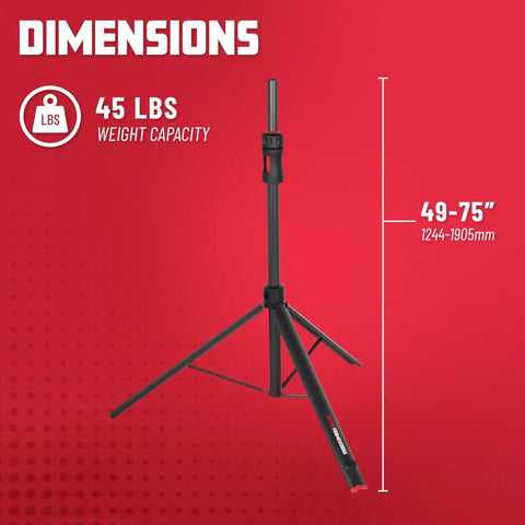 Pro Grade Heavy Duty Speaker Stand Set With LiftEEZ Self Raising Piston, tripod stand showing dimensions and weight capacity on red background