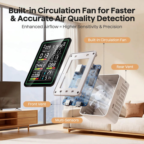 Indoor 10 In 1 Air Quality Monitor For Home Detecting CO2 And Formaldehyde Plus TVOC PM25 And PM10 shows built-in circulation fan and sensors.