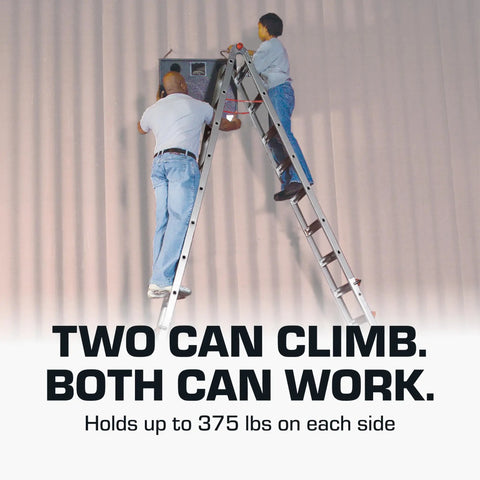Skyscraper 17 Ft Adjustable Extension Stepladder With Crazy Reach For High Ceilings And Stairwells, Non Slip Feet, Safety Straps, Type IAA 375 Lb Rating, Ultra Tall Multi Position Ladder For Chandeliers And Skylights, two workers on ladder