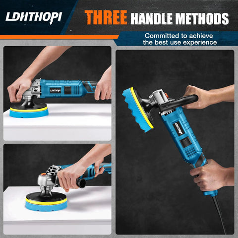 Three handle views of Beast 1600W Rotary Buffer Polisher For Cars And Boats 7 Inch And 6 Inch Heads 7 Variable Speeds 1000-3500 RPM