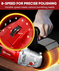 Close-up of Beefy 1400W Burnishing Polishing Machine showcasing 8-speed adjustable handheld sander in use on wood surface.