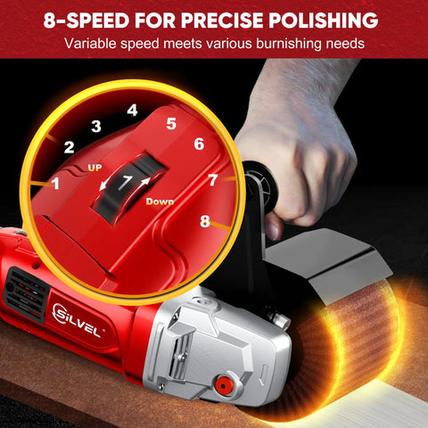 Close-up of Beefy 1400W Burnishing Polishing Machine showcasing 8-speed adjustable handheld sander in use on wood surface.