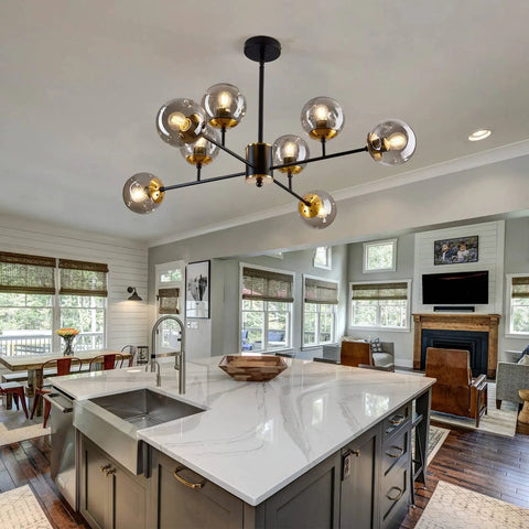 Eight Light Mid Century Glass Globe Chandelier For Kitchen Dining Room Living Room Bedroom Farmhouse Gold Finish Lit Showpiece Lighting Elegant Statement Piece For Any Modern Kitchen Or Dining Area over kitchen island