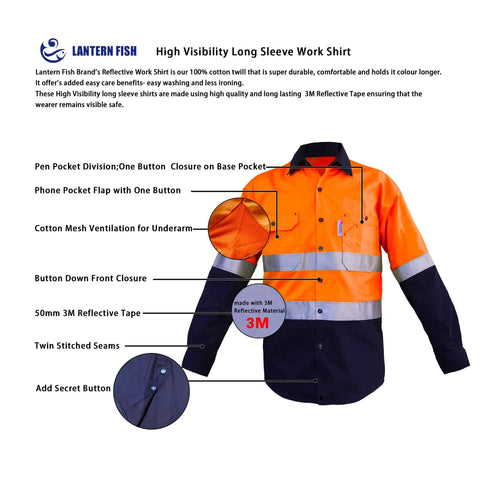Mens Heavy Duty Go To Hi Viz Safety Shirt With Slick 360 Degree Reflective Tape Boss Level Ansi Class 3 Work Apparel All Day Comfort Cotton Utility Shirt Orange Navy Blend with reflective features and ventilation.