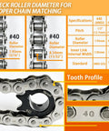 Rock Hard 16 Tooth #40 Roller Chain Sprocket With 1-1/4 Inch Bore Keyway, showing roller diameter specifications and tooth profile.