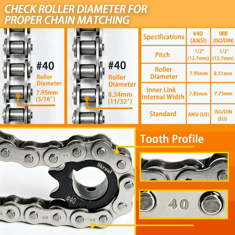 Rock Hard 16 Tooth #40 Roller Chain Sprocket With 1-1/4 Inch Bore Keyway, showing roller diameter specifications and tooth profile.