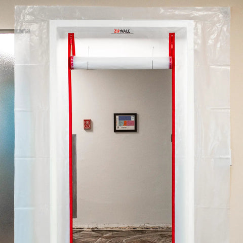 Red ZipDoor Kit For Dust Protection In Remodeling Jobs Pro Grade Flame Retardant Plastic Door Cover With Preinstalled Zippers