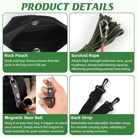 Waterproof 10L Bear Bag Hanging Kit with Heavy Duty Ropes Magnetic Bear Bell Carabiners Rock Pouch Scent Proof Food Storage details