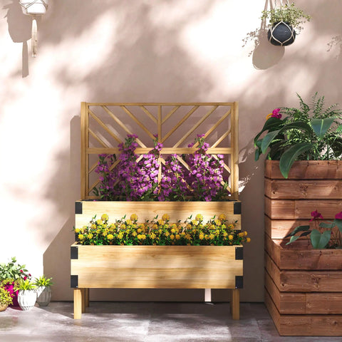 Two Tier Raised Garden Bed With Trellis Elevated Wooden Planter Box On Legged Frame With Metal Corners For Vegetables Flowers And Herbs In Natural Finish