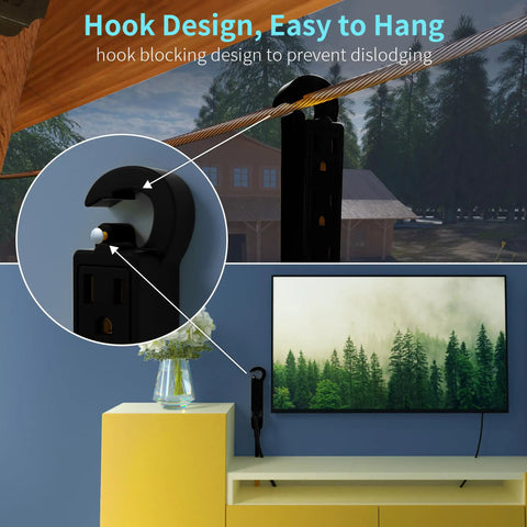 Hook design feature of 15 Foot 16 Gauge 3 Outlet Outdoor Extension Cord Waterproof Black Tough As Nails Power Cable With Three Prongs SJTW ETL Listed 125V 13A 1625W Multi Outlet