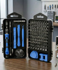 Open case of 115-In-1 Precision Screwdriver Set With Magnetic Bits Clutch Head Non Slip Ergonomic Handle Tweezers And All-In-One Repair Kit
