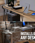 Under Desk Cable Management Kit With Tray, Spiral Wrap, Cable Band And Clips installed under wooden and glass desks