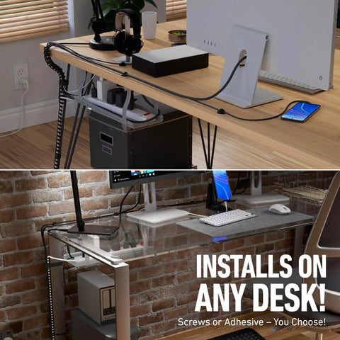 Under Desk Cable Management Kit With Tray, Spiral Wrap, Cable Band And Clips installed under wooden and glass desks