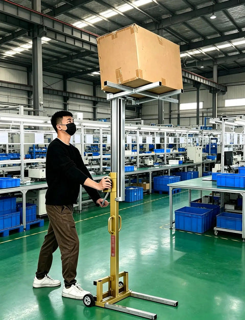 Man operating the Compact Material Lift Stacker With Manual Winch Forklet lifting a cardboard box in a warehouse.