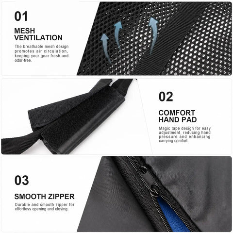 Close-up of 100L Duffel Scuba Bag For Diving And Watersports showing mesh ventilation, padded handle, and smooth zipper.