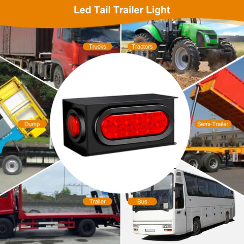All In One Steel Trailer Light Box Kit With 6 Inch Oval Red 10 LED Tail Lights shown with various vehicles like trucks and buses