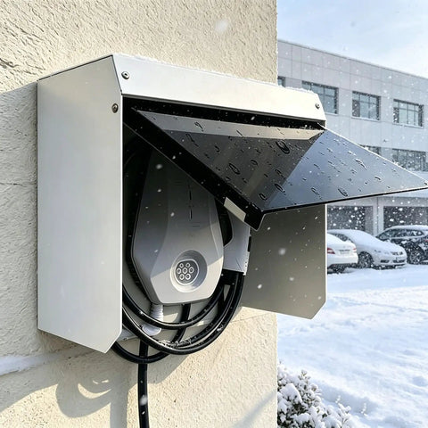 Top Shelf Weatherproof Wall Mount Ev Charger Cover With Reinforced Acrylic Door and Heavy Duty Uv Rain Shield, mounted, snowing.