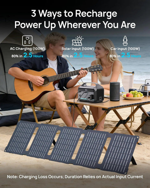 Couple camping with Your Go To Portable Power Station With 60W Solar Panel Included 288Wh LiFePO4 Battery 350W Continuous 600W Peak