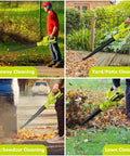 Collage of Cordless 21V Leaf Blower with Dual 2.0Ah Batteries and Charger in use for driveway, patio, dust, and lawn cleaning.