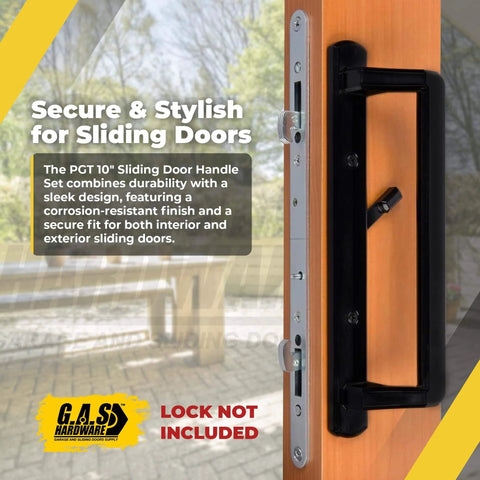10 Inch Sliding Door Interior Handle with Thumb Latch Lever and Screws installed on door, black diecast finish, sleek design