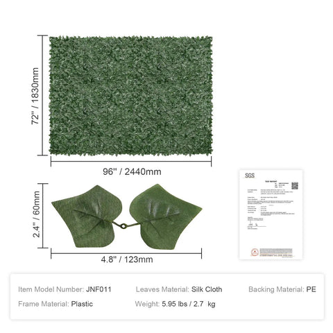 Faux Ivy Privacy Fence Screen With Realistic Veined Leaves 96 Inch By 72 Inch Mesh Backed Greenery Wall Decor size and materials