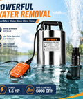 Heavy Duty Submersible Sump Pump With Automatic Float Switch Powers Through Heavy Water Jobs At Six Thousand Gallons Per Hour in water.