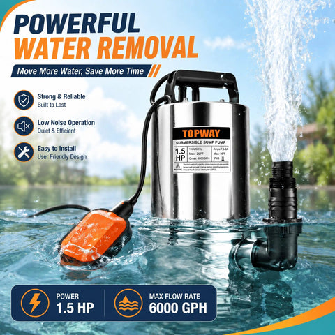 Heavy Duty Submersible Sump Pump With Automatic Float Switch Powers Through Heavy Water Jobs At Six Thousand Gallons Per Hour in water.