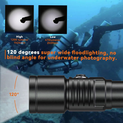 Lit Underwater Video Light 1200 Lumens 6500K With 120 Degree Wide Beam IP68 Waterproof To 150m Dual Modes ZJ18 Ball Joint