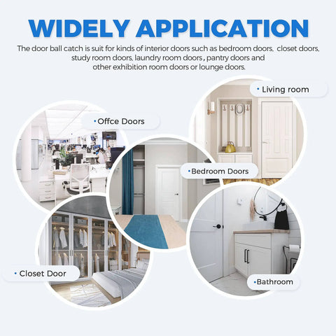 Application of Interior Door Ball Catch Kit 4 Pack in various rooms like office, bedroom, closet, and bathroom.