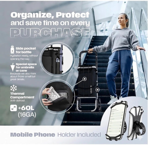 Woman with Foldable Grocery Cart On Wheels With Waterproof 88 Lb Capacity, Handy Phone Stand, Elastic Ropes on an escalator