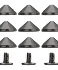 Dope Gun Metal Bullet Spike Studs And Rivets 100 Pack Screw Back Hardware For Streetwear Boots Leather Mods Jackets Bags With Tool Kits 3/16 Inch Height, showing 10 gunmetal spikes and 2 screws.