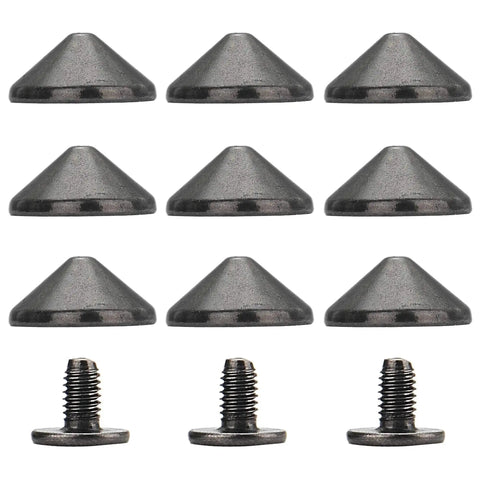 Dope Gun Metal Bullet Spike Studs And Rivets 100 Pack Screw Back Hardware For Streetwear Boots Leather Mods Jackets Bags With Tool Kits 3/16 Inch Height, showing 10 gunmetal spikes and 2 screws.