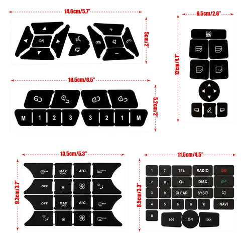 Mercedes Benz Dash Button Repair Kit With Stickers And Decals to Restore Faded Interior Buttons, dimensions shown, for C Class CLS GLK W172 W204 W212