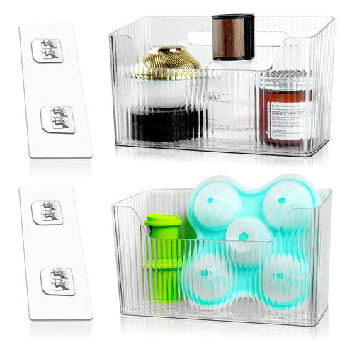 Two Pack Cabinet Door Organizer With No Fuss Adhesive Wall Mount Bins Clear Storage Caddies Stackable Baskets, showing clear bins with accessories.