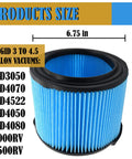 Replacement 3 Layer Pleated Vacuum Filter For 3 To 4.5 Gallon Wet Dry Vacuums 2 Pack Fine Dust And Dirt Filtration Improves Airflow And Reduces Clogging Fits WD3050 WD4070 WD4080 WD4522 4000RV 4500RV showing product size
