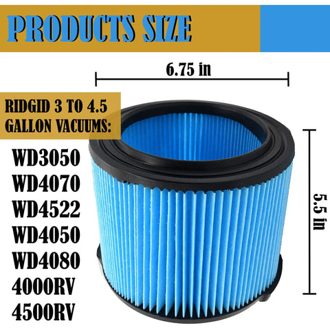 Replacement 3 Layer Pleated Vacuum Filter For 3 To 4.5 Gallon Wet Dry Vacuums 2 Pack Fine Dust And Dirt Filtration Improves Airflow And Reduces Clogging Fits WD3050 WD4070 WD4080 WD4522 4000RV 4500RV showing product size