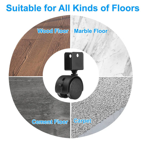 Rock Solid 1.5 Inch Nylon Swivel Casters With Positive Locking Brakes Whisper Quiet mounted on various floor types.