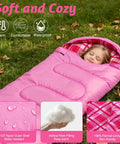 Child in All Season Kids Sleeping Bag For Girls And Boys, Lightweight Weatherproof Camping Bag For Hiking And Outdoor Travel, Cozy Flannel Pink, Comfort Range 41F To 68F