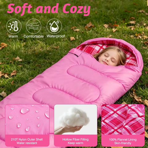 Child in All Season Kids Sleeping Bag For Girls And Boys, Lightweight Weatherproof Camping Bag For Hiking And Outdoor Travel, Cozy Flannel Pink, Comfort Range 41F To 68F