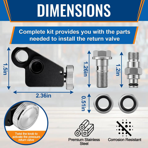 Pressure Return Valve Kit For Ryobi One Plus 18V Cordless Grease Guns with dimensions and parts including banjo bolt.