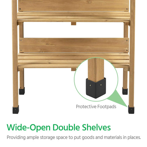 Outdoor Garden Potting Bench With Metal Top Storage Shelf And Three Hooks Durable Fir Wood Workstation for planting, double shelves