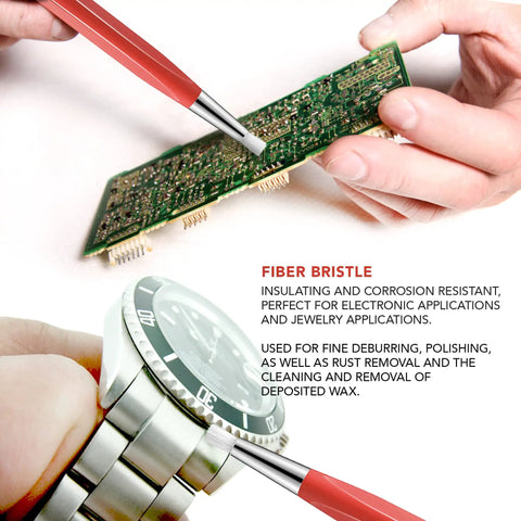 Scratch Brush Pen Set With Replacement Tips For Rust Corrosion Jewelry Circuit Boards And Auto Body Work All In One Go To 8 Piece Kit Featuring fiber bristle in use