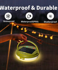 Solar Camping String Lights 33ft 100 LED With 9 Modes USB C Rechargeable, showing waterproof feature with glowing tent setup.