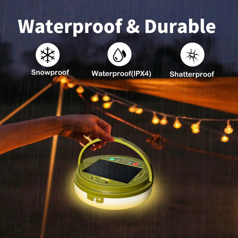 Solar Camping String Lights 33ft 100 LED With 9 Modes USB C Rechargeable, showing waterproof feature with glowing tent setup.