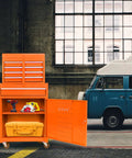 Five Drawer Portable Rolling Tool Chest On Wheels With Huge Capacity Storage in Bright Orange, open in garage with tools