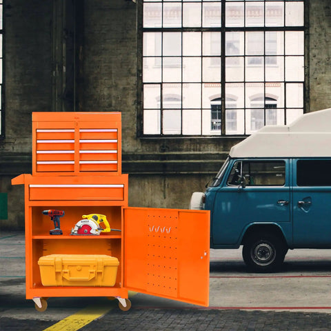 Five Drawer Portable Rolling Tool Chest On Wheels With Huge Capacity Storage in Bright Orange, open in garage with tools