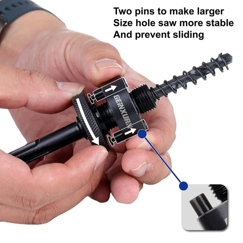 Pro Grade SDS Plus Hole Saw Mandrel Set with two pins for stability, close-up view showing hands holding the arbors.