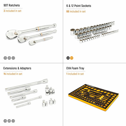 Beefy 83 Piece SAE And Metric Mechanics Tool Set with ratchets, socket set, extensions, adapters, and EVA foam tray