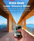 Pro Grade Dual Laser Measuring Tool ZC SG60 with Green Laser 393 Feet Bidirectional Range 196 Feet Unidirectional One Sixteenth Inch Accuracy Readings Time Saving Distance Meter for DIY Construction and Contract Jobs, handheld on bridge