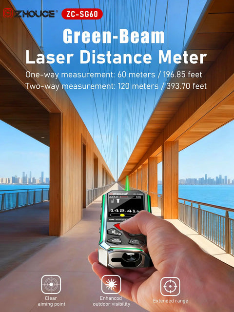 Pro Grade Dual Laser Measuring Tool ZC SG60 with Green Laser 393 Feet Bidirectional Range 196 Feet Unidirectional One Sixteenth Inch Accuracy Readings Time Saving Distance Meter for DIY Construction and Contract Jobs, handheld on bridge